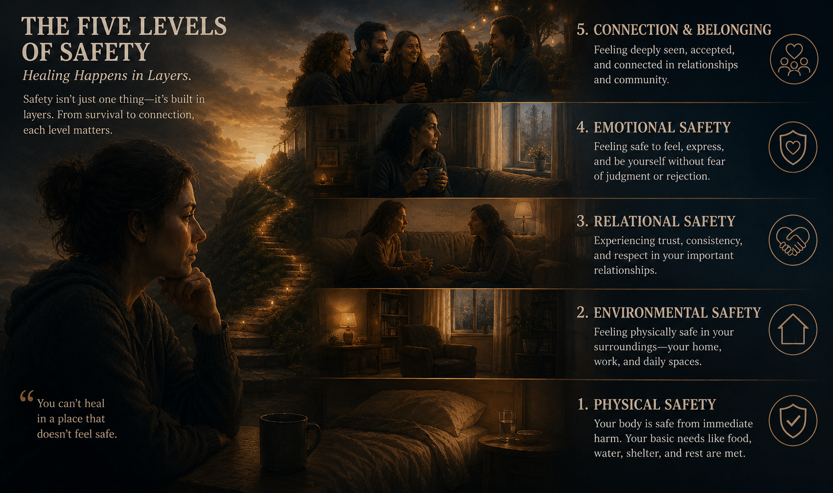 The Five Levels of Safety: physical, environmental, relational, emotional, and connection — healing happens in layers