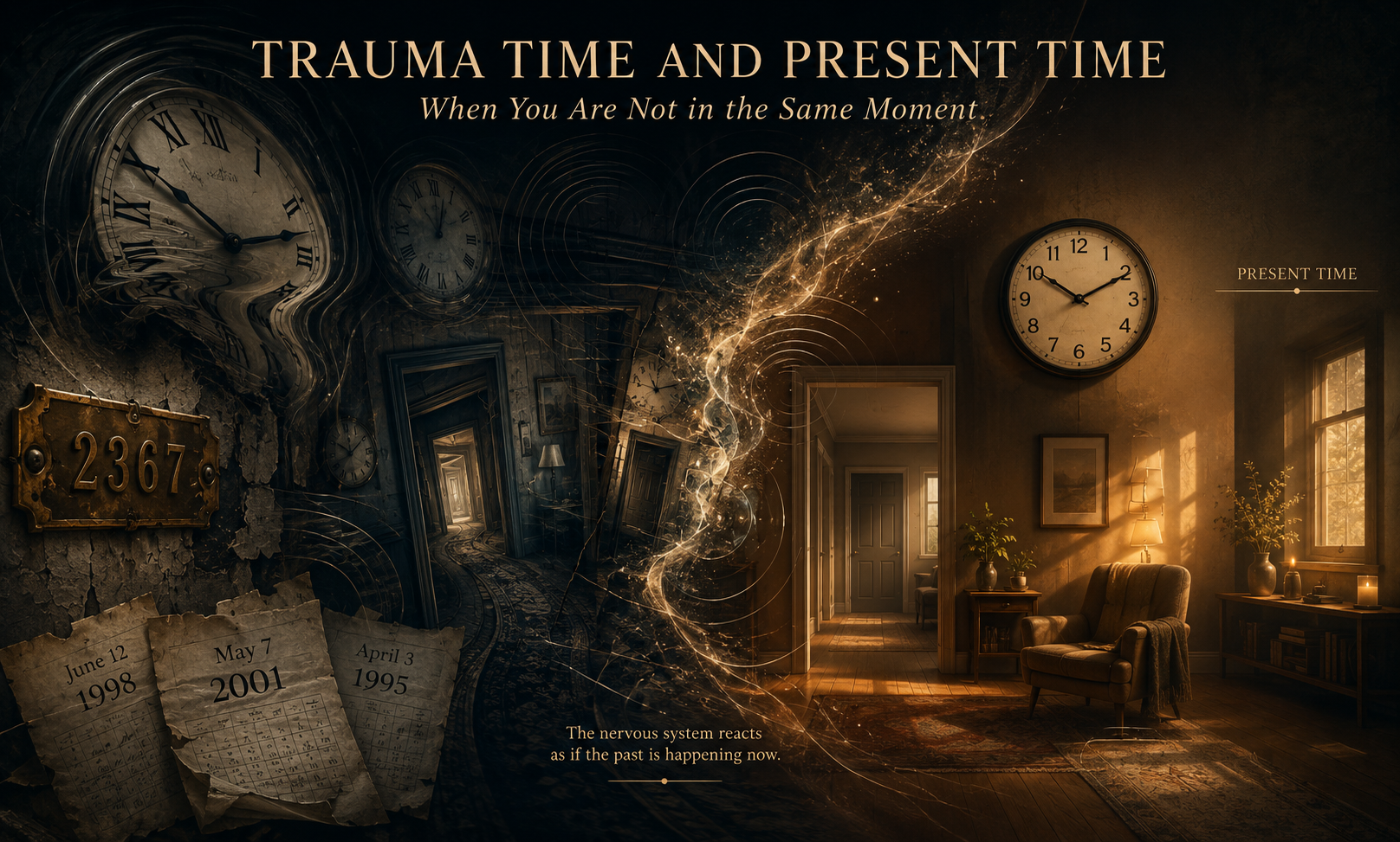 Trauma Time and Present Time: When You Are Not in the Same Moment — split image of past trauma and present safety