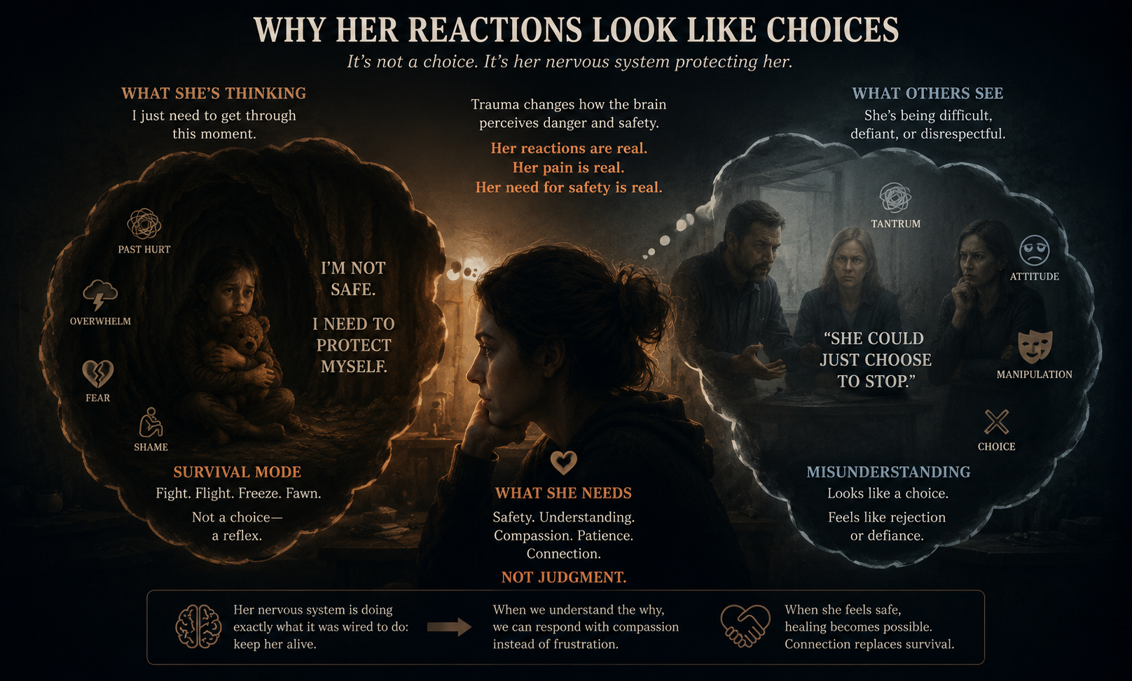 Why her reactions look like choices but are not — nervous system survival mode infographic